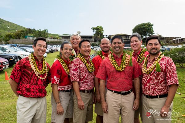 Kumu Hula Robert Cazimero and the kane of Halau Na Kamalei O Lililehua at Lunalilo Home's 2018 Annual Benefit Luau