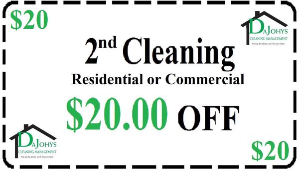 Second time offer for new accounts:  $20.09 OFF on second cleaning