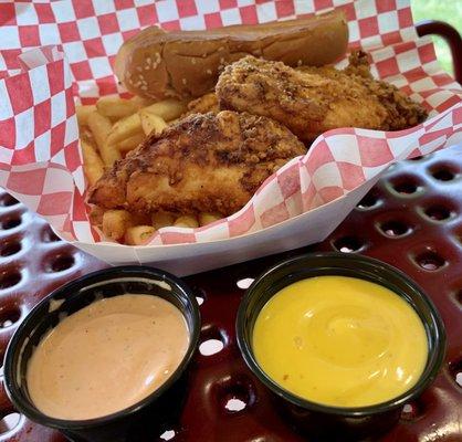 Chicken tenders, fries, Texas toast, house sauce and honey mustard.