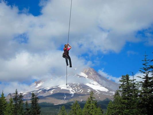 Here is a zoomed shot of the tree bungee right in front of Mt. Hood