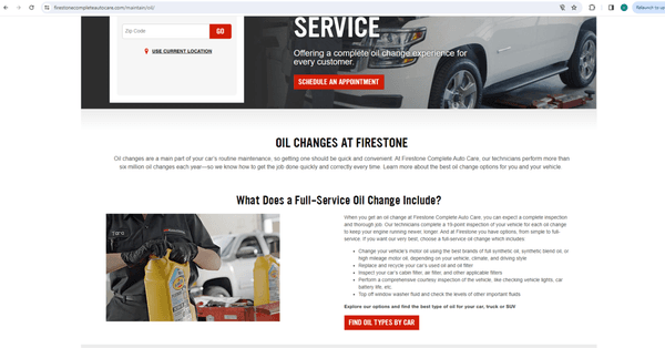 Firestone website outlining their oil change process