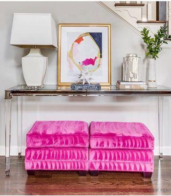 Lucite Console Table and Custom Upholstery