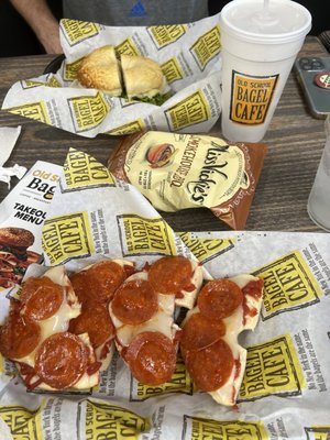 Turkey avocado bagel, pizza bagel with pepperoni