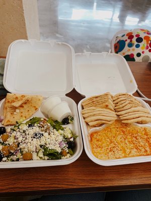 Greek salad with feta and hummus with pita