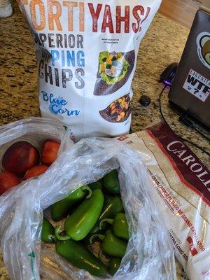 Blue corn tortilla chips $2, 4 nectarines $1.70, 1.33 lb jalapenos $2.03, 5 lb Carolina brand rice $3.99. 8/8/21