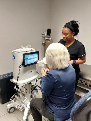 New and improved technology for lung function test assessing asthma control and amount of lung inflammation.