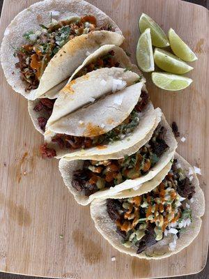 Homemade tortilla tacos carne asada and birria