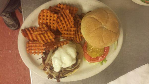 Bleu Ghost Burger..1/3lb burger, ghost pepper cheese, fried onion, bacon, Bleu cheese! Yummy!!