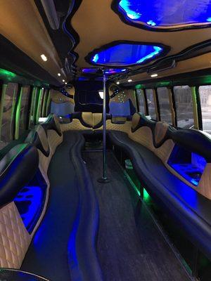 35 passenger Luxury party bus.  It has iPod hookup,  fiber optic lights, 5 coolers, and a 42" TV.