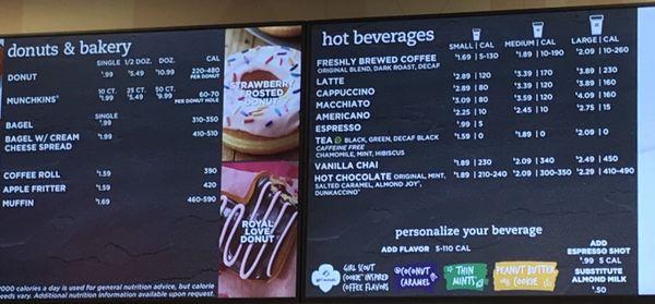 Menu Donuts Bakery and Hot Beverages