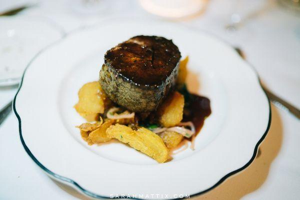 Black Angus Filet with Sauce Bordelaise spinach,crispy garlic potatoes and pickled shallots