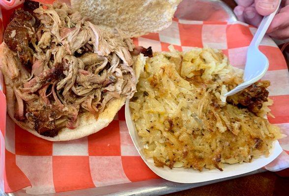 Pulled pork, cheesy hash browns.