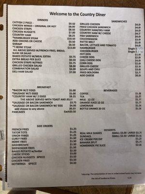 Updated menu with price increases