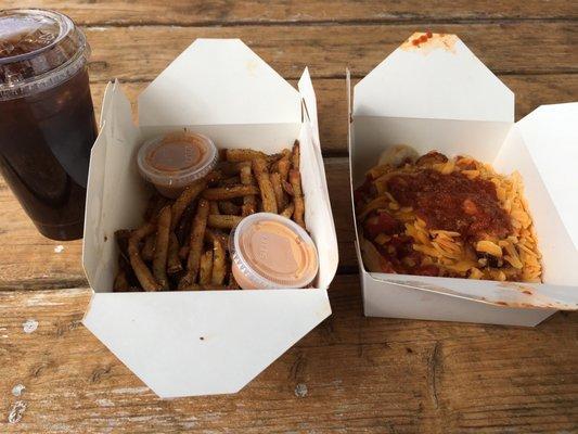 Brat with chili fries and Georgia Sweet Tea!