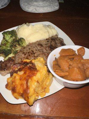 New York Strip  with Macaroni , mashed potatoes, broccoli and. Yams