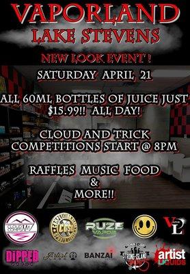 Vaporland Lake Stevens remodel grand opening party & cloud comp April 21st E-Juice, Raffles, Food, and more