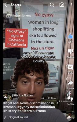 screenshot from the video about anti-Romani racism in Chevrons -  it shows the poster that doesn't allow Romani women into the Chevron shops