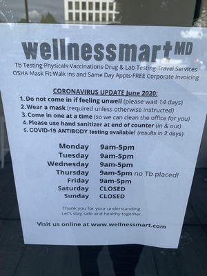 Open Monday-Friday 9am-5pm Mask required in office  Services offered: Tb testing, physicals, Drug & Lab testing, Travel Services, OSHA Mask