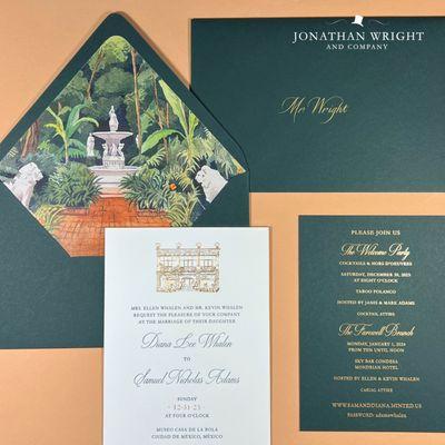 Custom wedding suite design with foil stamping, letterpress printing, 24K gold bevel edge, hand calligraphy and watercolor envelope lining.