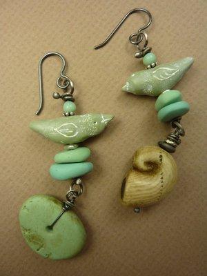 Earrings with handmade birds, shells, pebbles