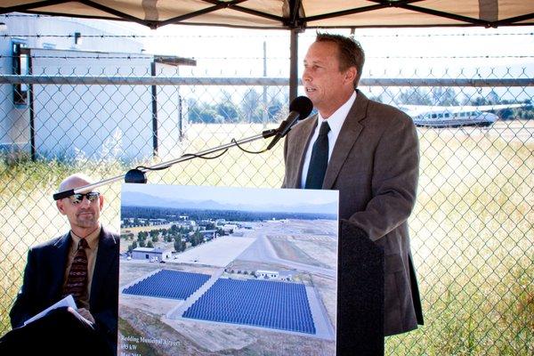 Dan Herman, owner, announcing the launch of solar power at the Redding Airport.