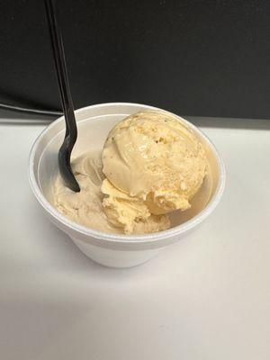 Kid-sized scoops of coffee & butter pecan in a regular cup. $4. 4/27/2024.