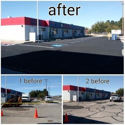 Fix potholes, crack fill, sealcoating and new striping