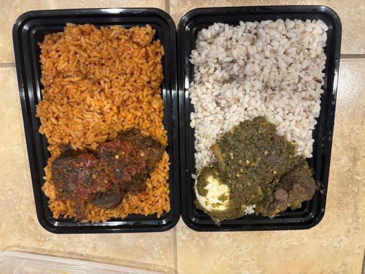 Left: jollof rice with beef Right: ofada rice with ayamase