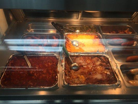 Part of the small steam table set up. Peach Cobbler (front right), Mac & Cheese behind, then collards. Beefaroni (front left)