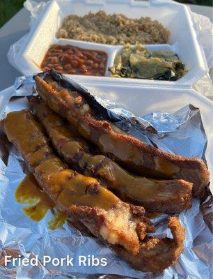 Fried Pork Ribs, comes w/ Rice and 2 sides ($17)