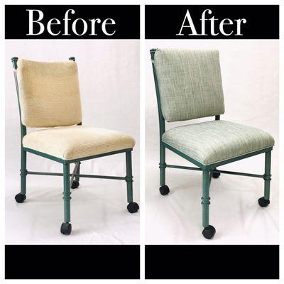 Kitchen roller chairs reupholstered in Kaslen Fabric. Pattern: Brenda, Color: Aquamarine. Beautiful work!