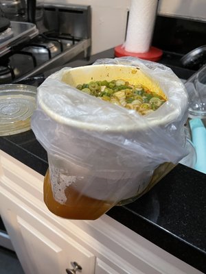 A bag of broth spilled disaster.