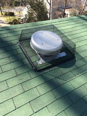 Rooftop Power Ventilator (aka attic fan) properly secured from animals using it to access attic or using it as a nest site...