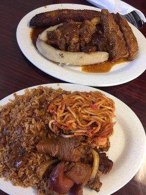 Moro, gallina y spaghetti. (Rice & beans cooked together, hen & spaghetti) Rabo, costillas, and platanos (oxtails, ribs & boiled plantains)