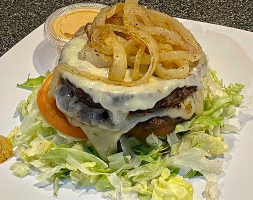 Double burger without the bun - light on the carbs! Can't lettuce wrap because shredded lettuce, but this works!