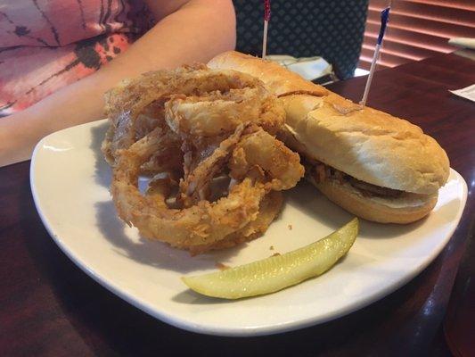 The Gobbler Sandwich with onion rings.