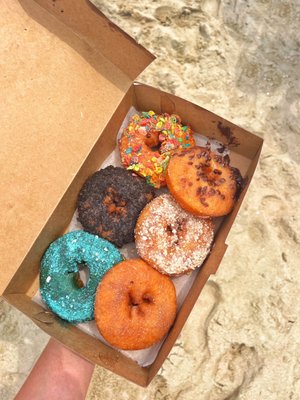 Blueberry pie donut, cookies and cream donut, Yabba Dabba Doonut (fruity pebbles), surfer dude, Mary Lee-Mon, sand dune (cinnamon sugar)