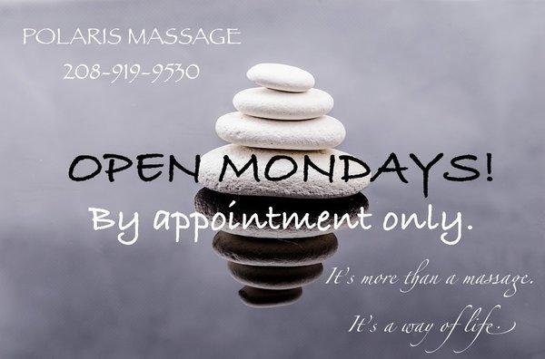 We are open Mon-Fri 9:30-7:00, Saturday 10:00-7:00, and now Mondays by appointment only.