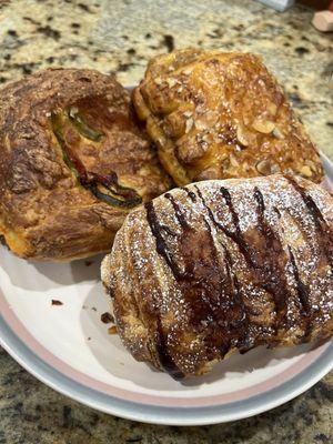 Today's take home that was too tempting to pass up, a bear claw, a chocolate croissant, and a chili cheese and ham croissant.