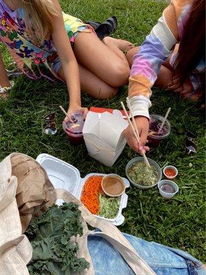 Picnic after we shop. Poststickers, cucumber salad, + peanut noodles.