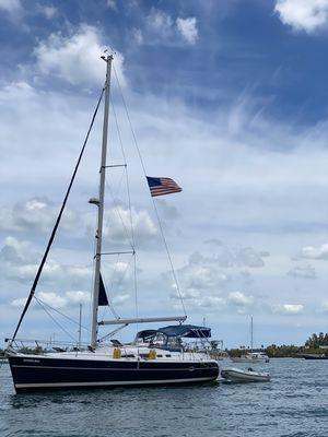 Express Mail at anchor. Marine Stadium, key Biscayne Florida-2020