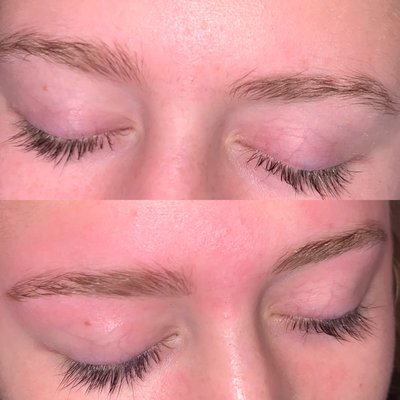 Before and after of a eyebrow wax, tint, and a eyelash tint.