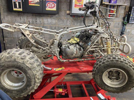 23 year old Yamaha Warrior 350 is getting its first engine rebuild and frame freshening (with bushings and shocks).