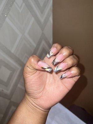 Acrylic full set with pink powder and black/white marble - by Stacy