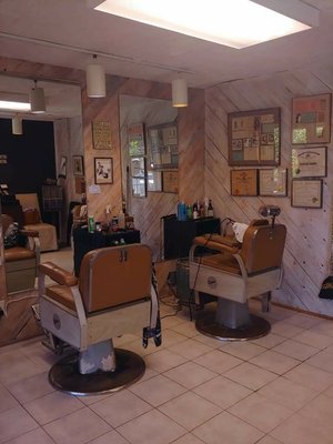 Inside the classic Barber's Daughter Barbershop. Come relax and get your hair cut.