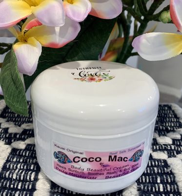 Coco Mac body beautiful cream.  #1 seller x 10 years.
Natural Sunscreen, Reef Safe, Natural breathable skincare.