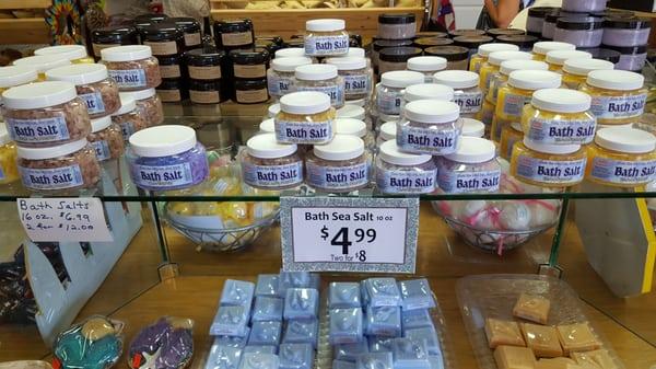 Bath salts, soaps made from olive oil, and bath bombs