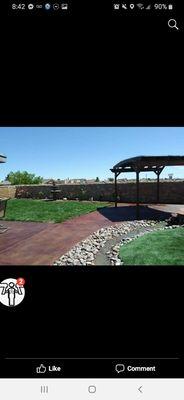 Sod, stain concrete, river and pergola