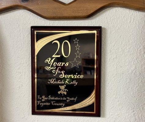 Custom Designed 20 years of service engraved plaque.