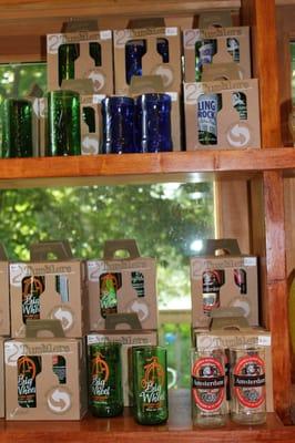 Beer glasses made of beer bottles.